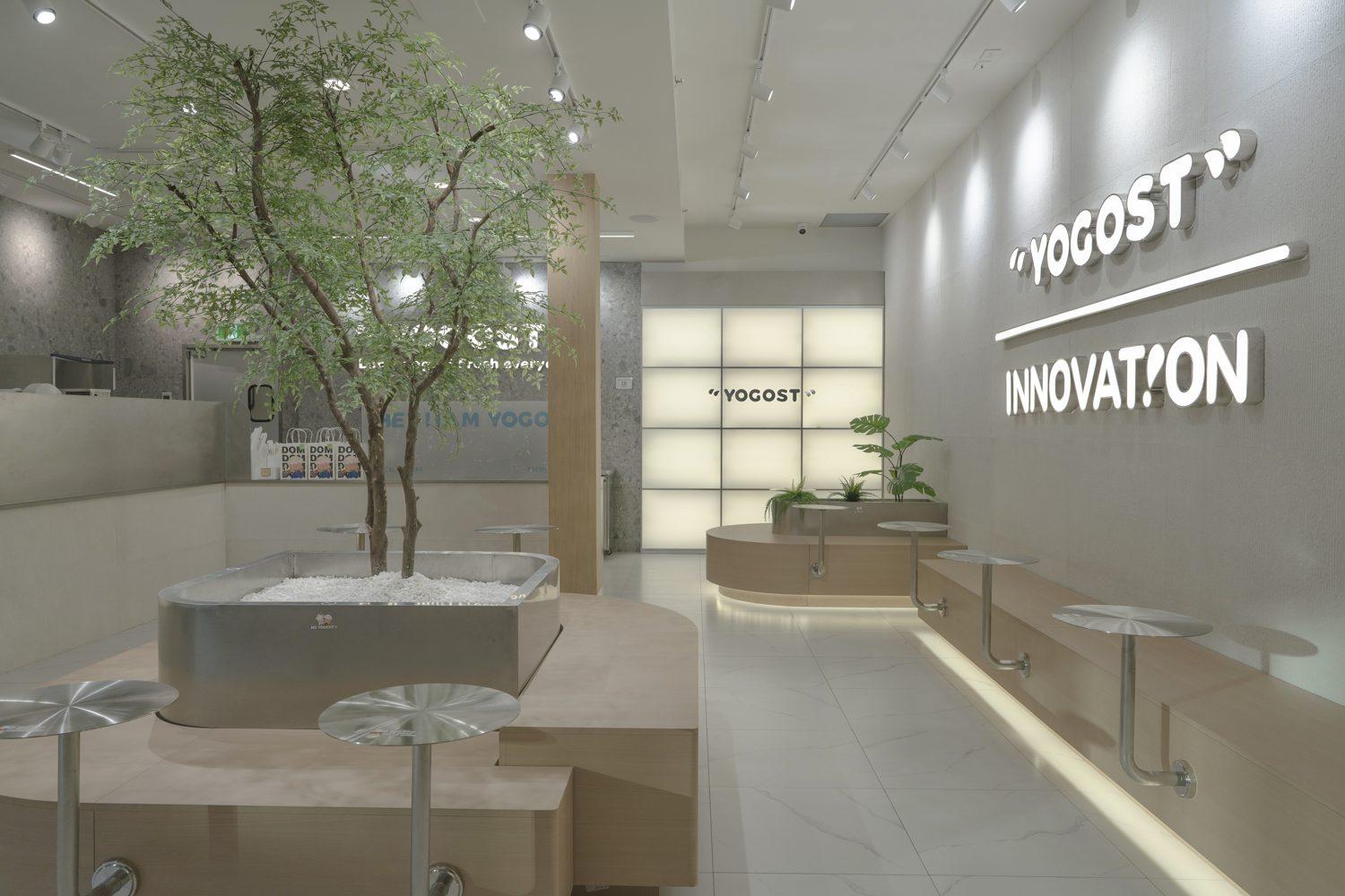 A real tree surrounded by seating inside the Richmond Centre Yogost